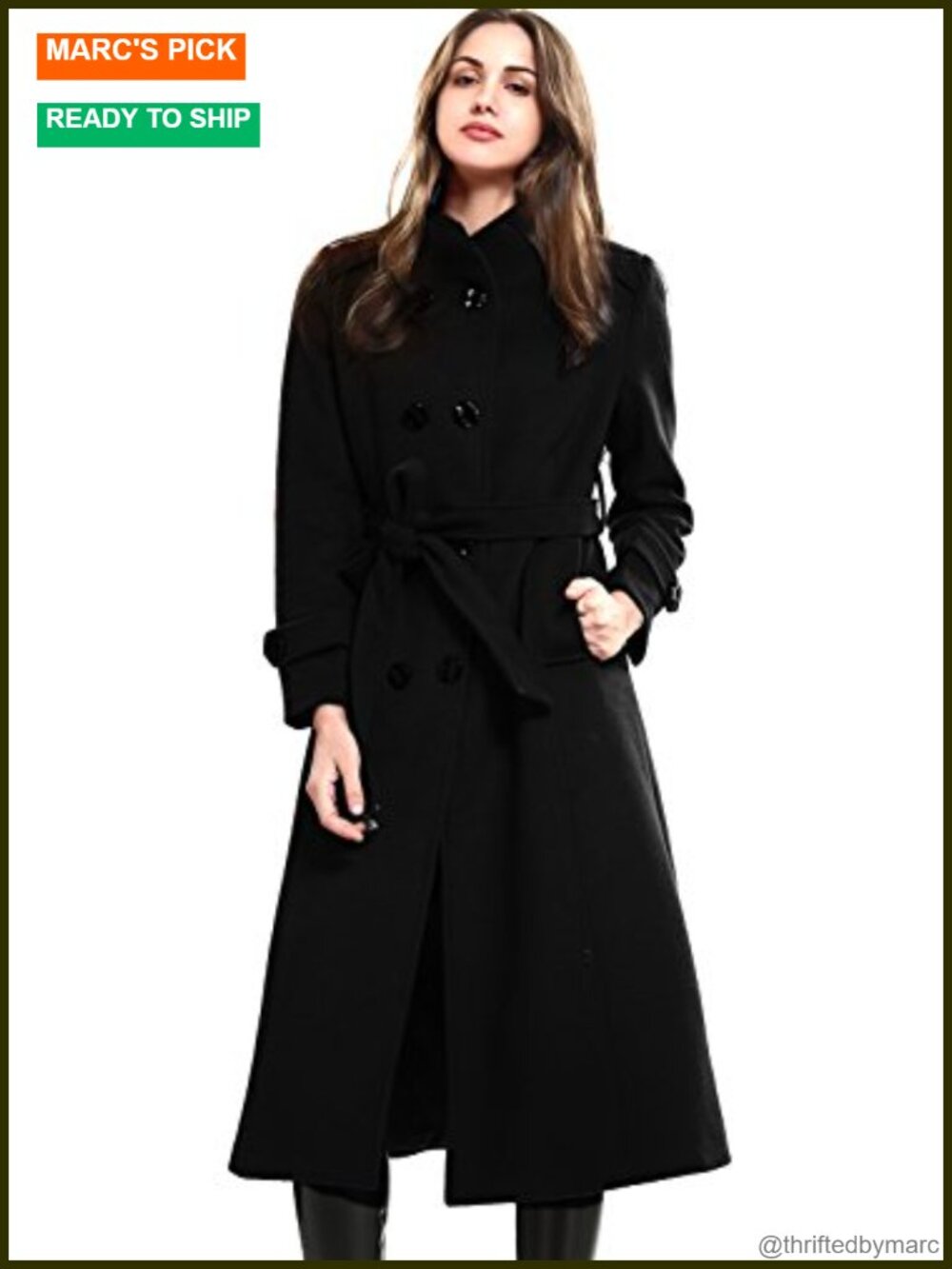 Women's Wool Trench Coat Double-Breasted Winter Jacket with Belt